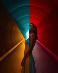 An elegant split image showcases a graceful person with refined features positioned at the edge of a tunnel, captivated by th