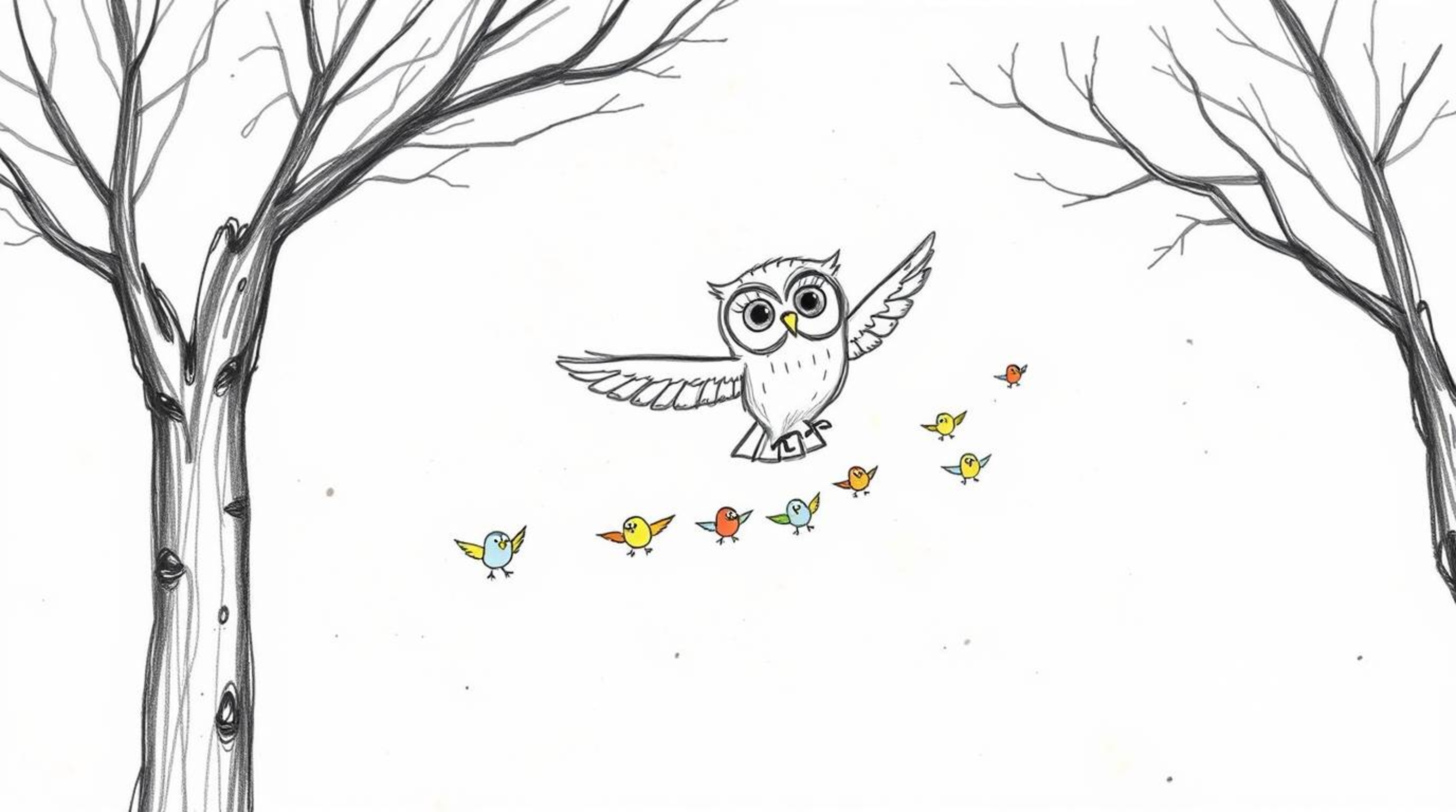 A whimsical hand-drawn sketch in the style of Pixar depicts a blind owl gliding gracefully between trees, patiently teaching 