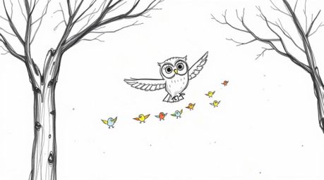 A whimsical hand-drawn sketch in the style of Pixar depicts a blind owl gliding gracefully between trees, patiently teaching 