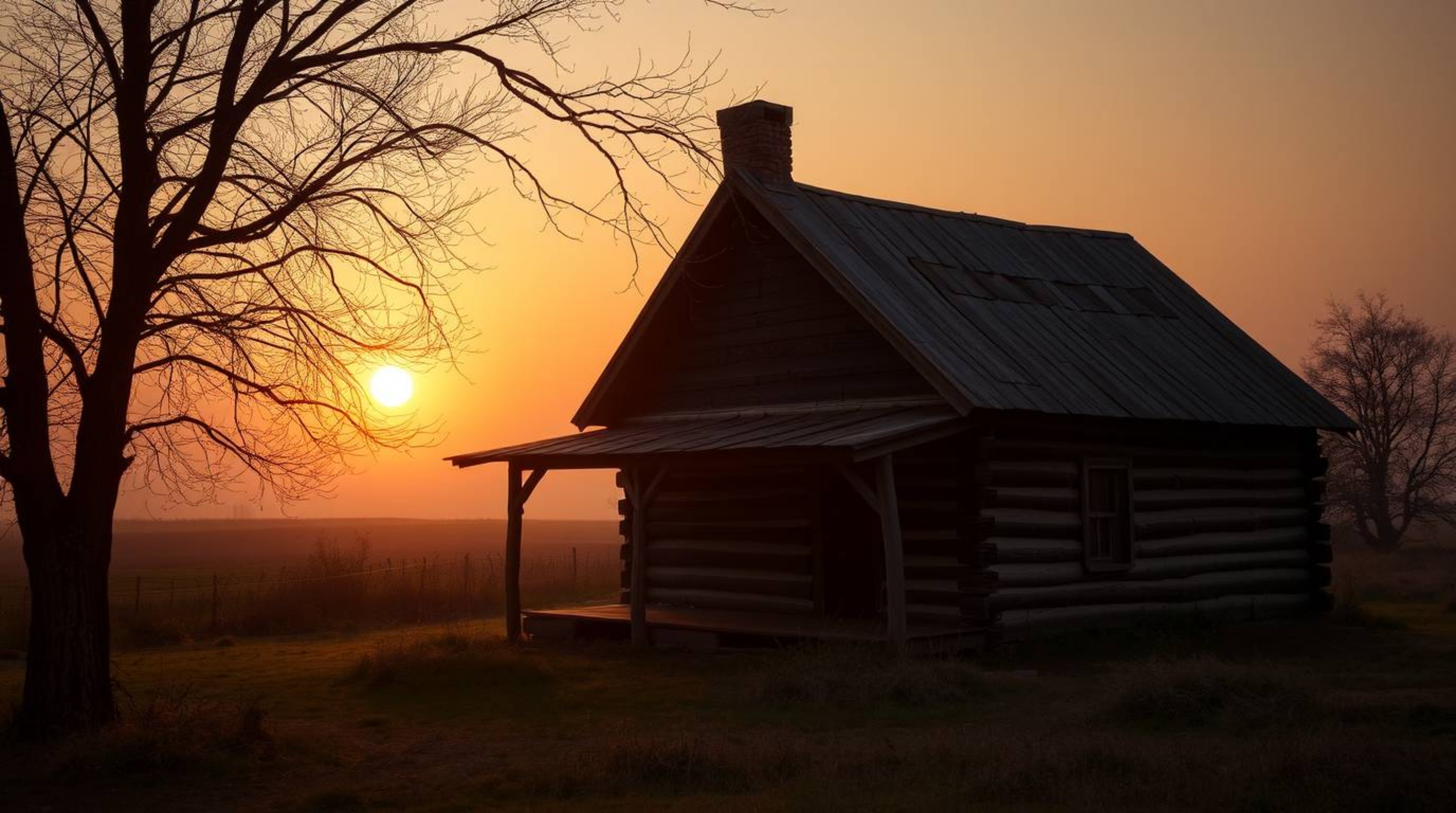 A captivating photograph depicts an old wooden cabin bathed in the soft, hazy glow of a sunset.  The image evokes a dreamy an