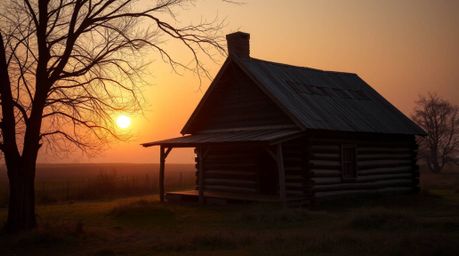 A captivating photograph depicts an old wooden cabin bathed in the soft, hazy glow of a sunset.  The image evokes a dreamy an