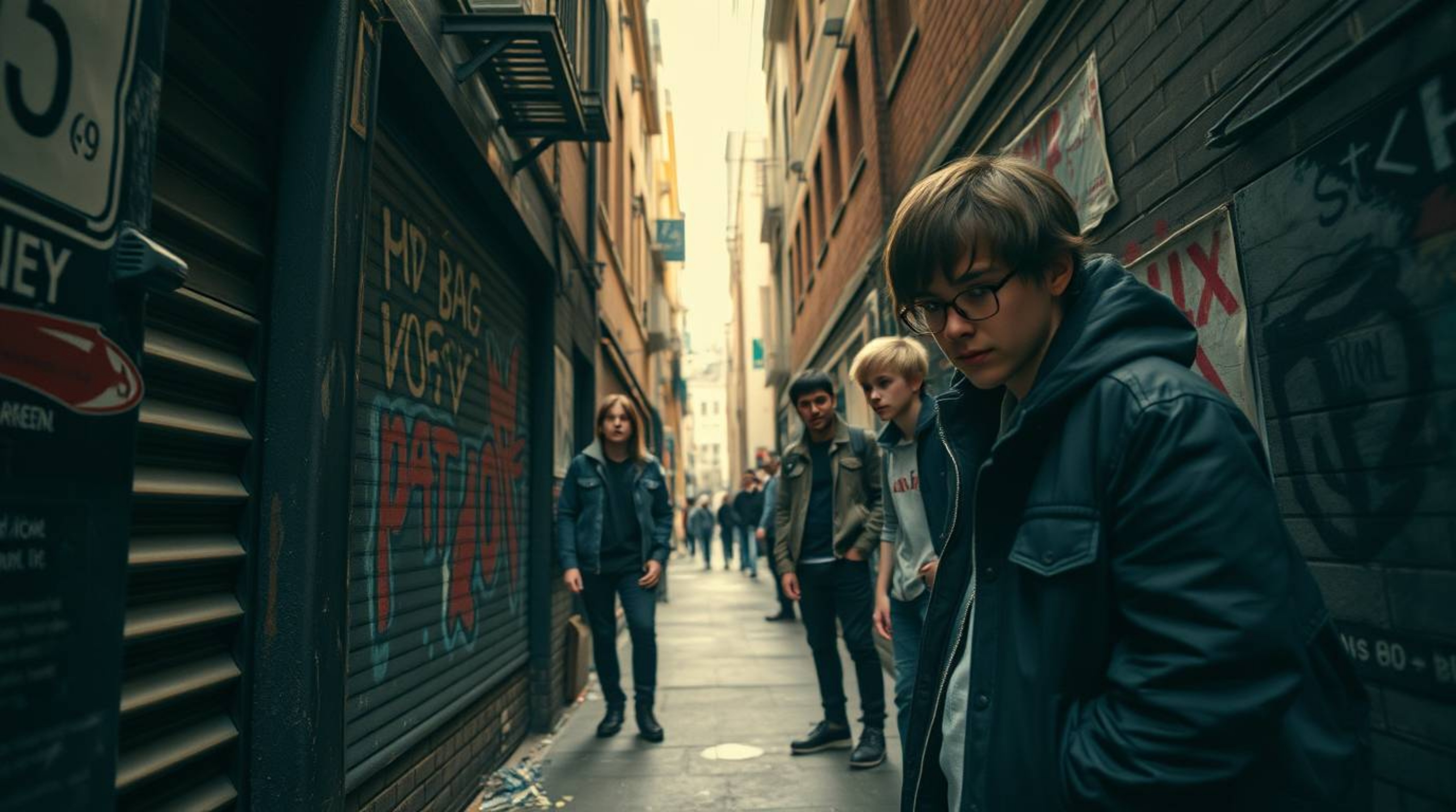 Explore an extreme macro close-up of a gritty city alley teeming with rebellious teens, captured in fine art photography. Thi
