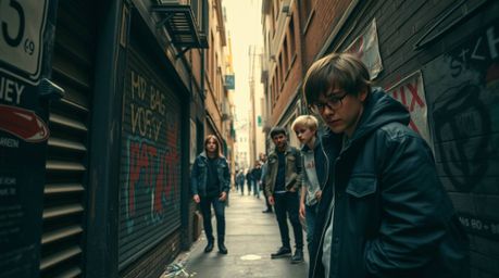 Explore an extreme macro close-up of a gritty city alley teeming with rebellious teens, captured in fine art photography. Thi