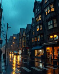 Experience a dramatic and surreal rainy street scene with buildings folding and twisting in a cinematic style. This randomize