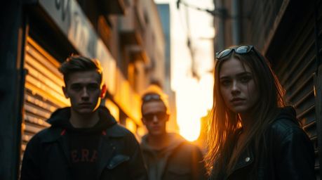 A captivating scene unfolds in a grungy city alley bathed in the warm hues of the golden hour. The blurred bokeh effect creat