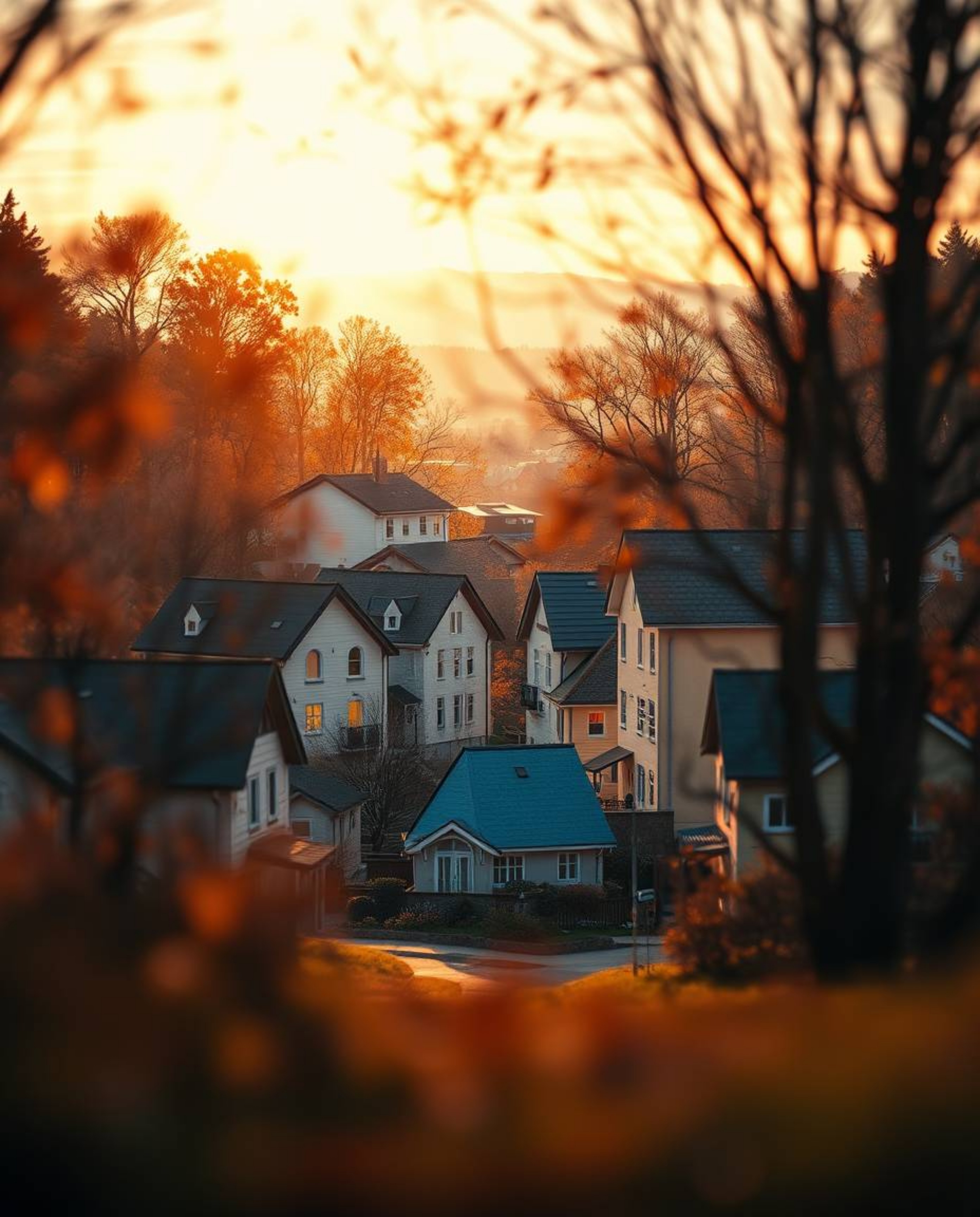 A captivating extreme macro close-up showcases a sleepy town silhouetted against a warm autumn sky. Pastel-colored houses are