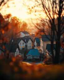 A captivating extreme macro close-up showcases a sleepy town silhouetted against a warm autumn sky. Pastel-colored houses are