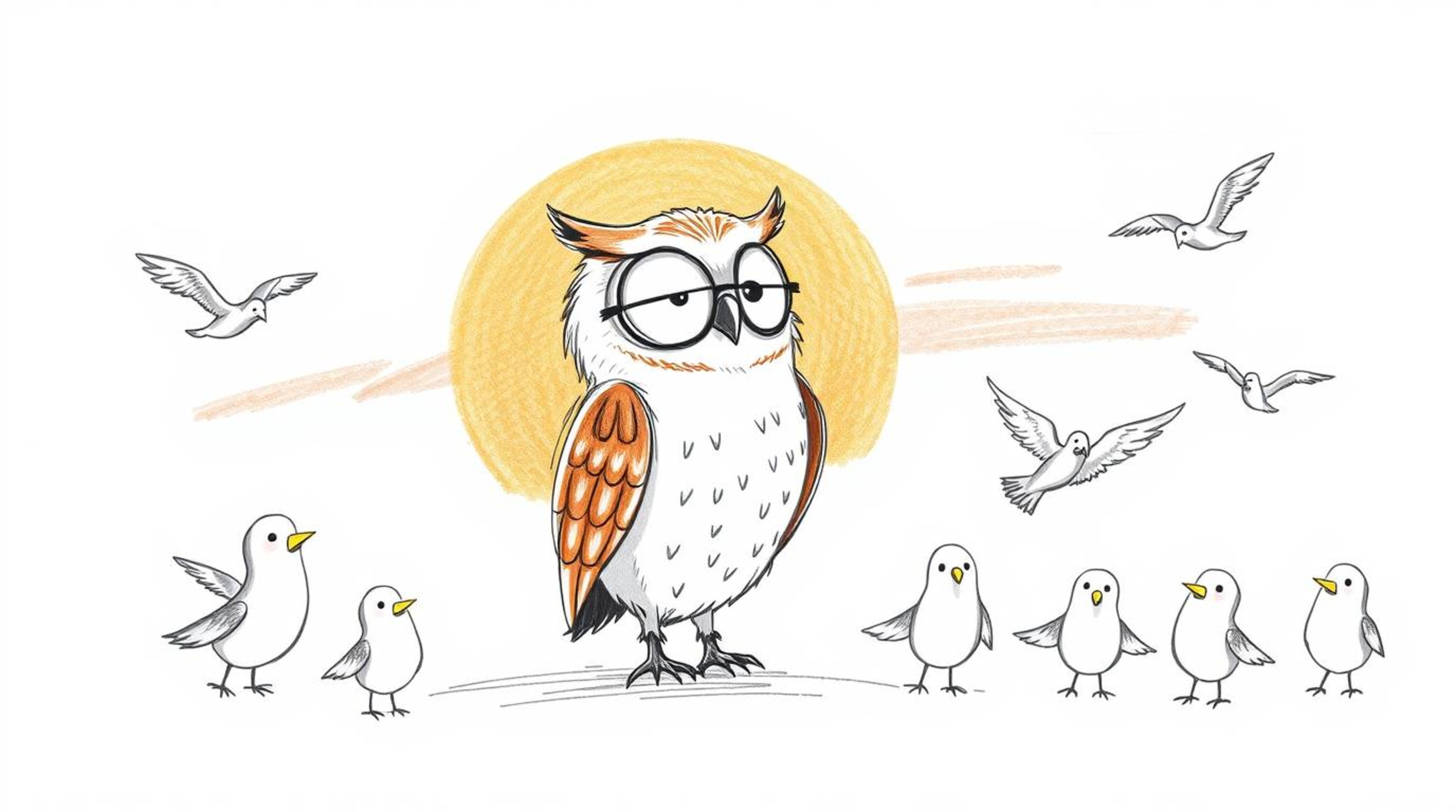 A heartwarming hand-drawn sketch in the style of Pixar, featuring a blind owl with gentle, expressive features teaching a cla
