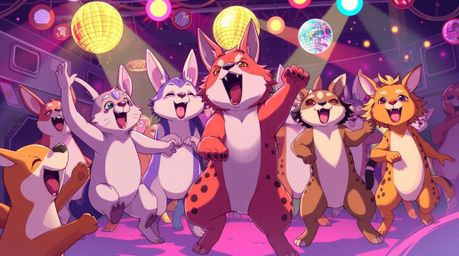 Experience a vibrant and dynamic anime-style illustration of an animal dance party!  Disco lights illuminate the scene as exp