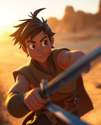 Embark on a thrilling Disney-style desert adventure with a brave hero bathed in the warm golden hour light. This scene, rende