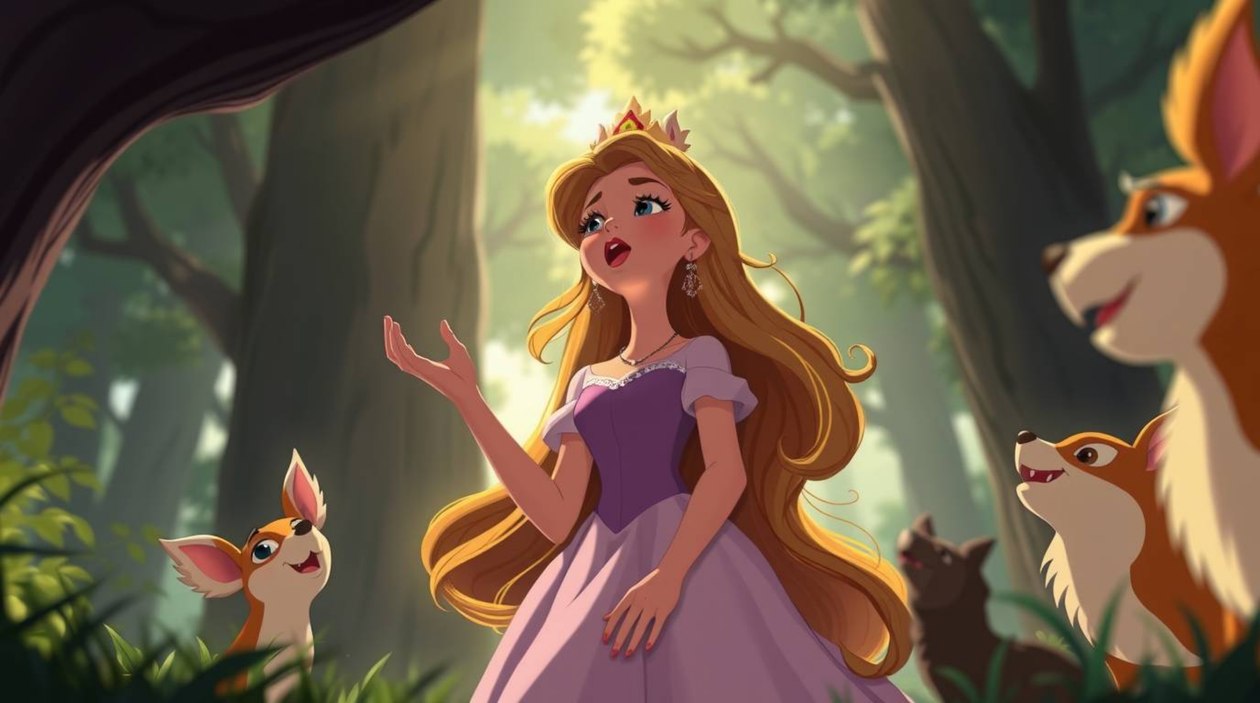 A captivating scene of a princess with flowing hair, serenading woodland creatures in a beautifully rendered vintage 2D anima