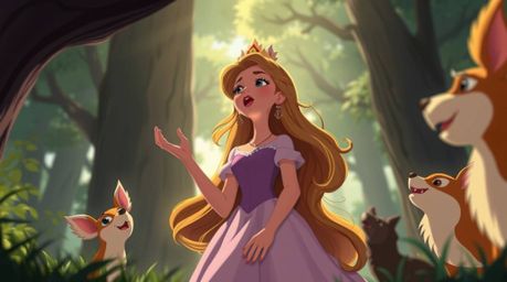 A captivating scene of a princess with flowing hair, serenading woodland creatures in a beautifully rendered vintage 2D anima