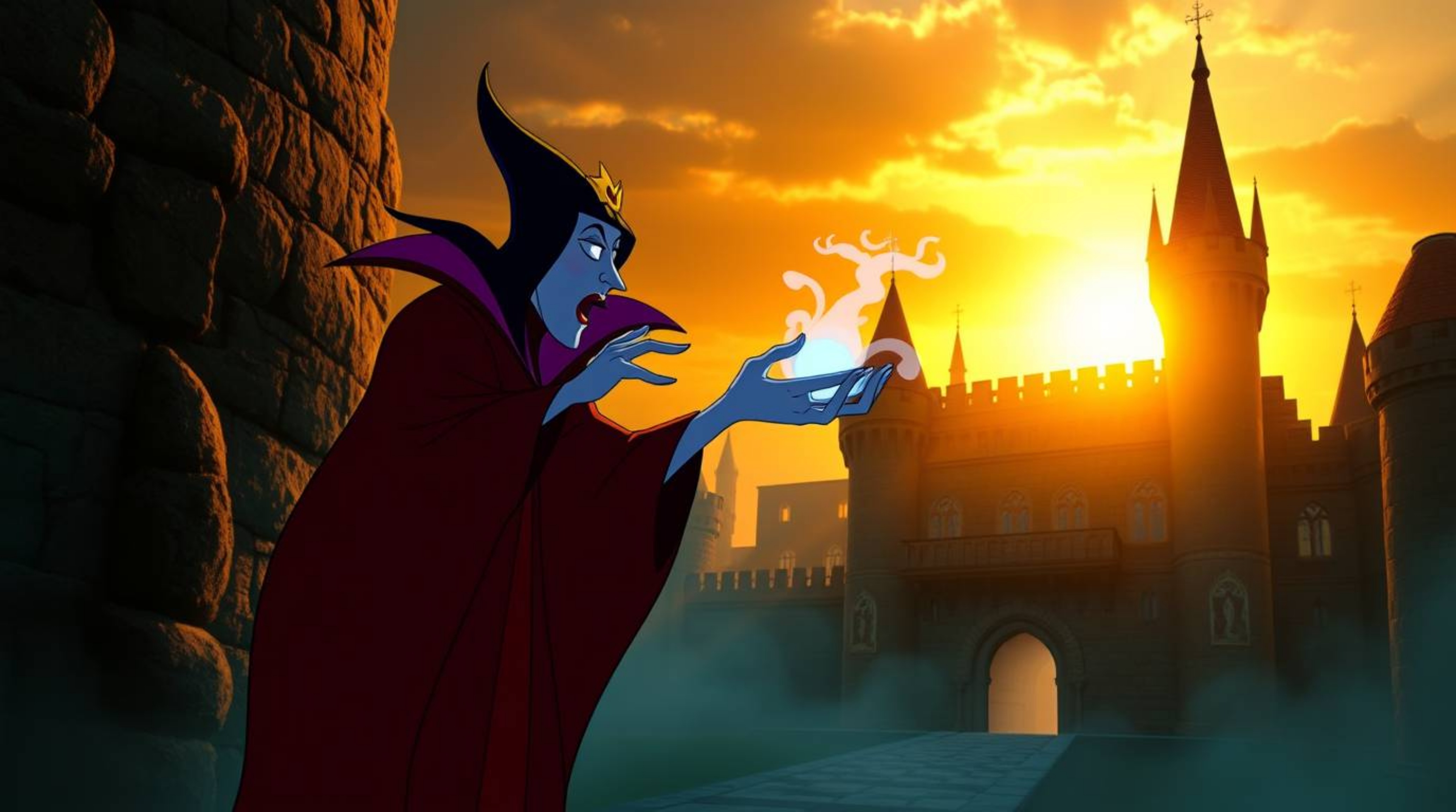 A captivating image of a classic Disney villain casting a spell within the walls of an ancient castle during golden hour. Th