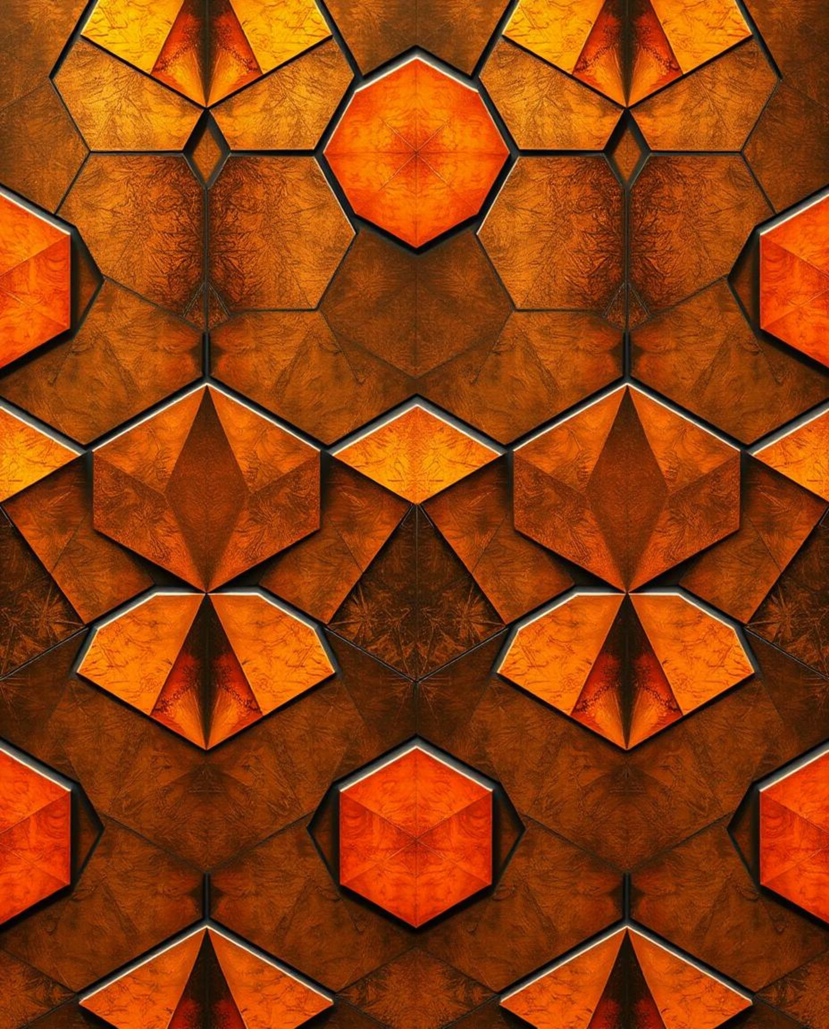 Explore a seamless geometric pattern featuring hexagons and triangles rendered in a warm, autumnal neon color palette. The de
