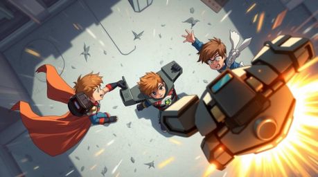 This dynamic digital illustration presents a bird's-eye view of three superpowered children locked in a fierce battle against