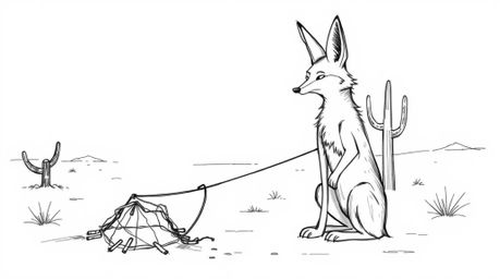 This hand-drawn sketch depicts a classic black and white coyote in an elegant and timeless color sketchnote style, hilariousl