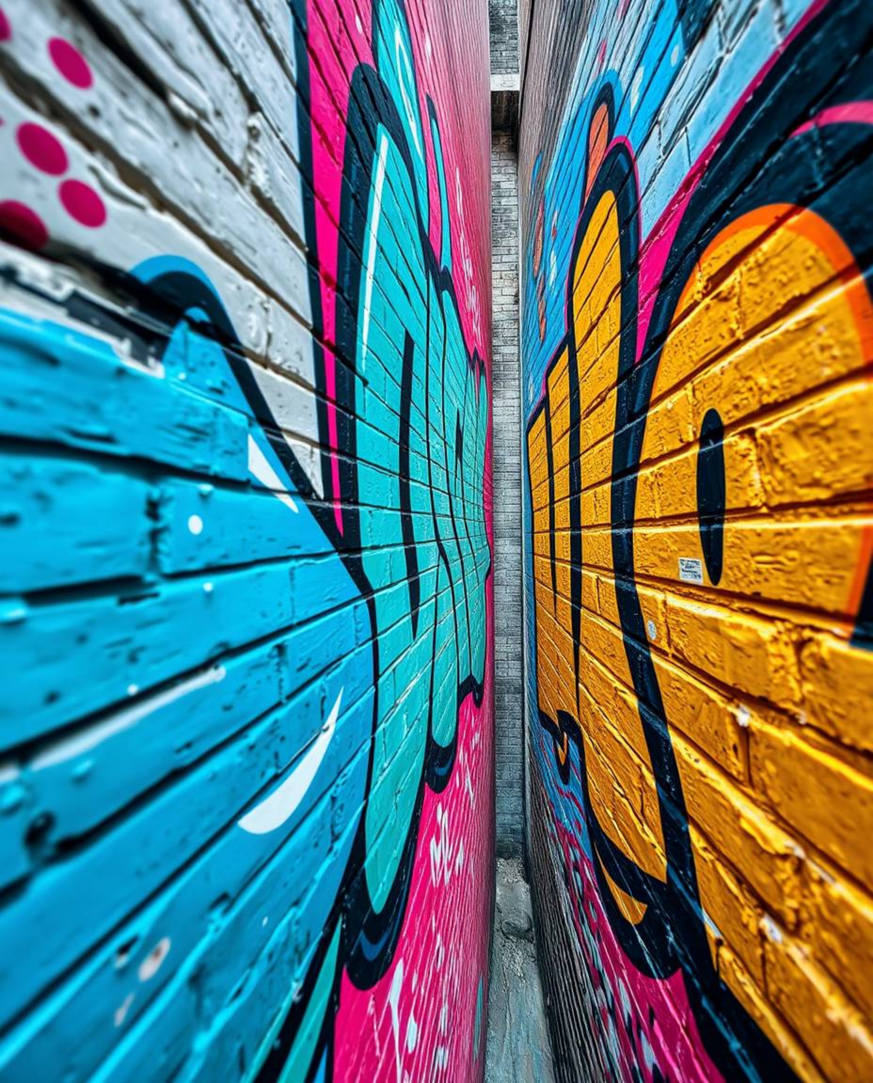 This captivating image showcases a high-angle perspective of a graffiti artwork on a brick wall.  The piece utilizes vibrant 
