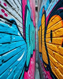 This captivating image showcases a high-angle perspective of a graffiti artwork on a brick wall.  The piece utilizes vibrant 