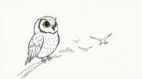 A heartwarming hand-drawn sketch, reminiscent of Pixar animation, depicts a serene blind owl patiently guiding a flock of sma