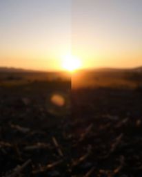 A captivating image depicting a sunrise over a war-torn landscape, featuring a striking split effect. The background boasts a