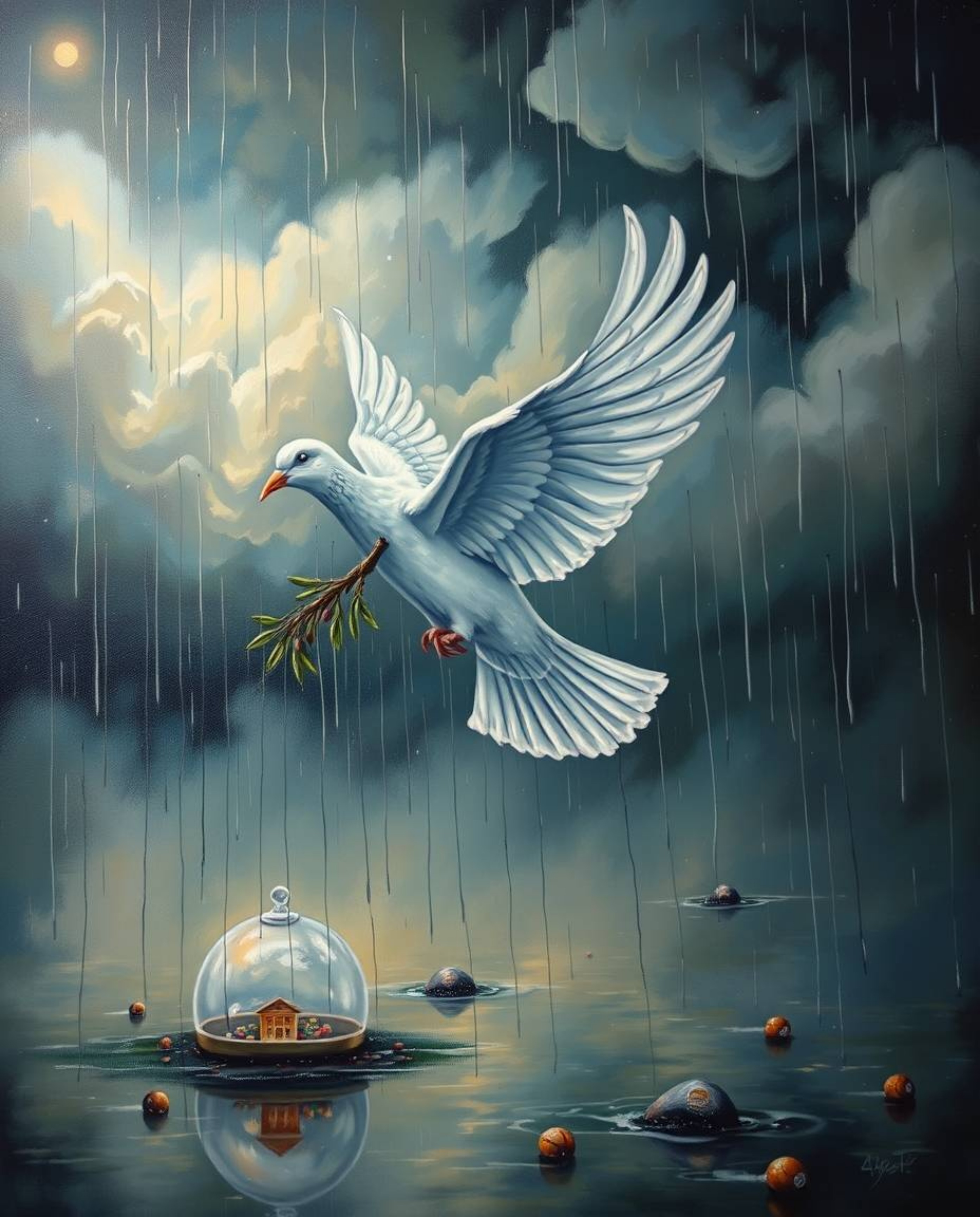 This surreal wet-on-wet painting depicts a dove carrying an olive branch flying through a stormy sky, with rain falling and r