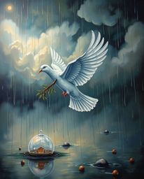 This surreal wet-on-wet painting depicts a dove carrying an olive branch flying through a stormy sky, with rain falling and r