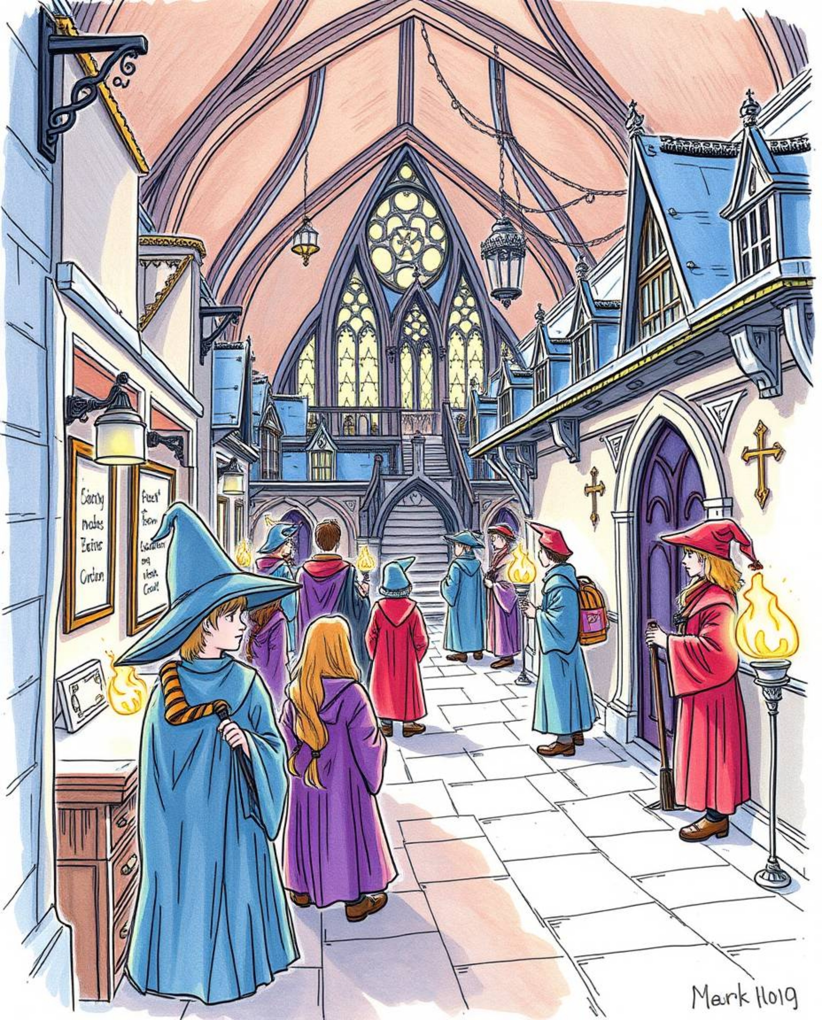 Explore a hand-drawn color sketchnote depicting a magical school brimming with young wizards. The illustration utilizes stron