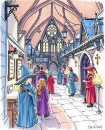 Explore a hand-drawn color sketchnote depicting a magical school brimming with young wizards. The illustration utilizes stron