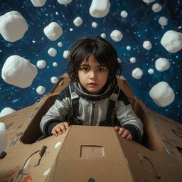 Exquisite high-fashion photography captures a young boy with curious eyes, piloting a meticulously crafted cardboard spaceshi