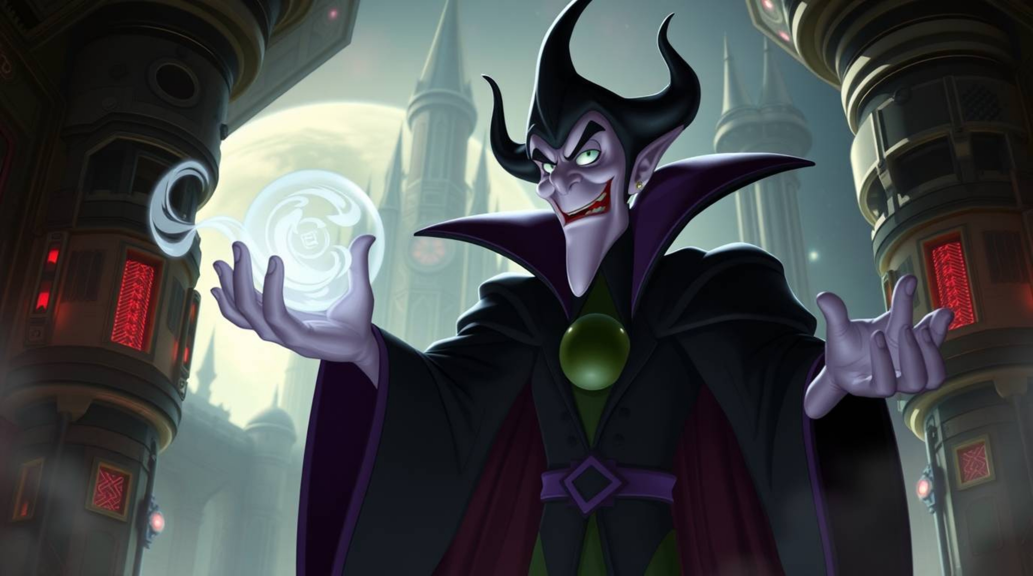 A captivating image of a classic Disney villain, imbued with futuristic elements, casting a spell within a technologically ad