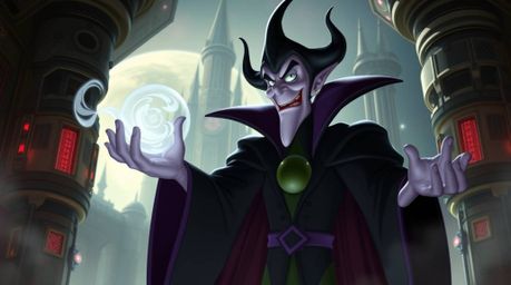 A captivating image of a classic Disney villain, imbued with futuristic elements, casting a spell within a technologically ad