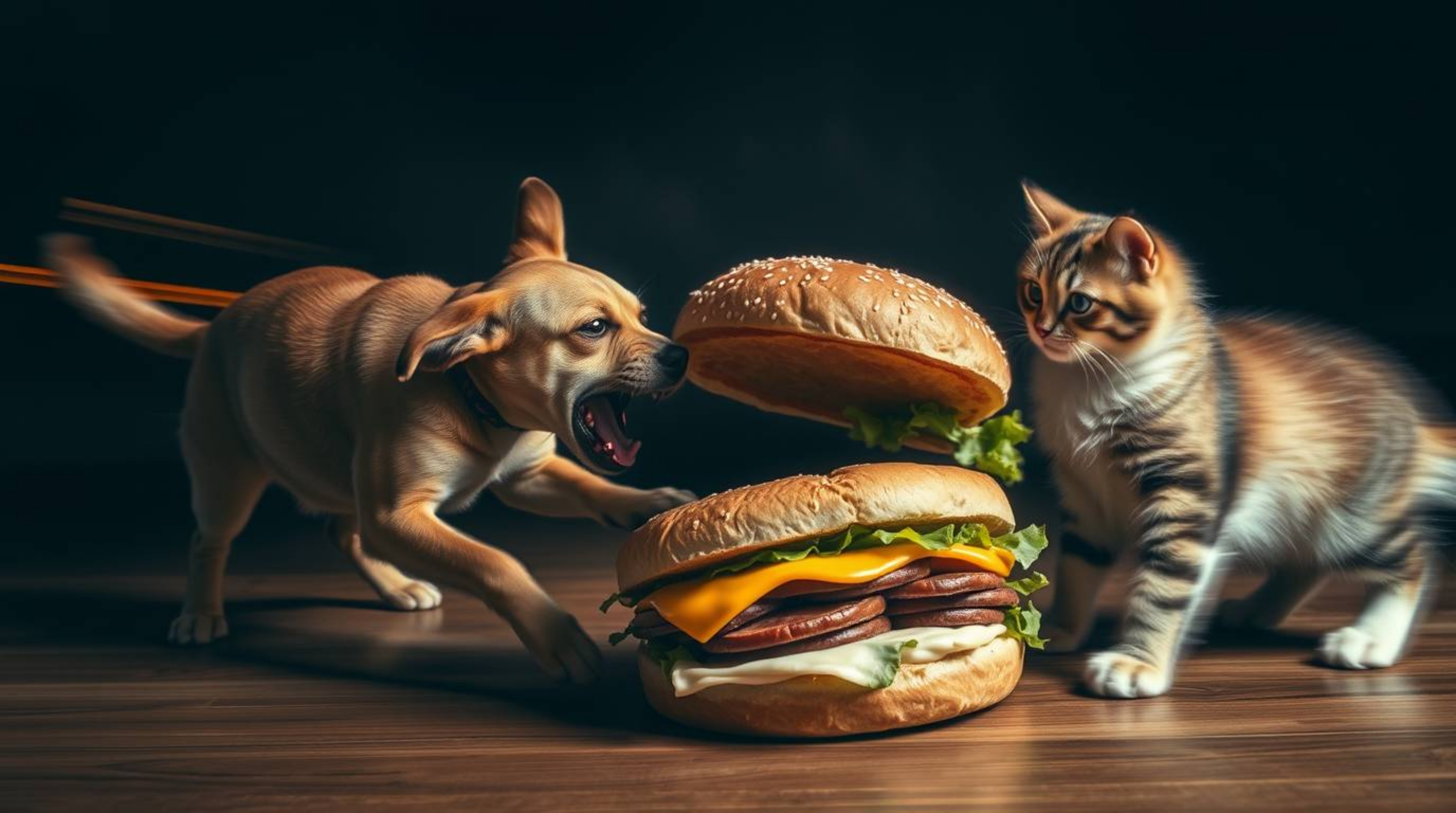 A captivating long-exposure photograph depicts a dramatic scene: a dog and a cat fiercely battling over an enormous sandwich.