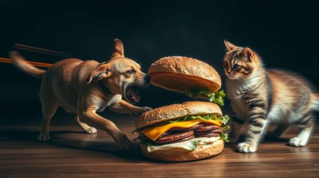 A captivating long-exposure photograph depicts a dramatic scene: a dog and a cat fiercely battling over an enormous sandwich.