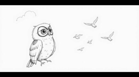 A charming hand-drawn sketch in the style of Pixar illustrates a heartwarming scene: a blind owl with incredibly soft feather
