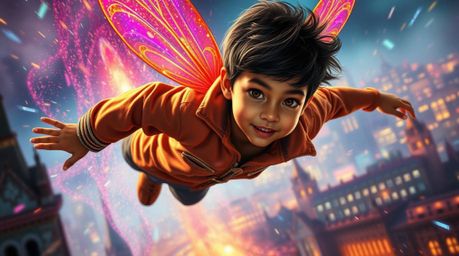 A young boy with striking features and olive skin soars dynamically above London, surrounded by a kaleidoscope of vibrant, el