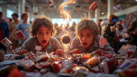 A vibrant, high-contrast cinematic photo, reminiscent of Pixar's whimsical style, captures a dynamic science fair duo amidst 