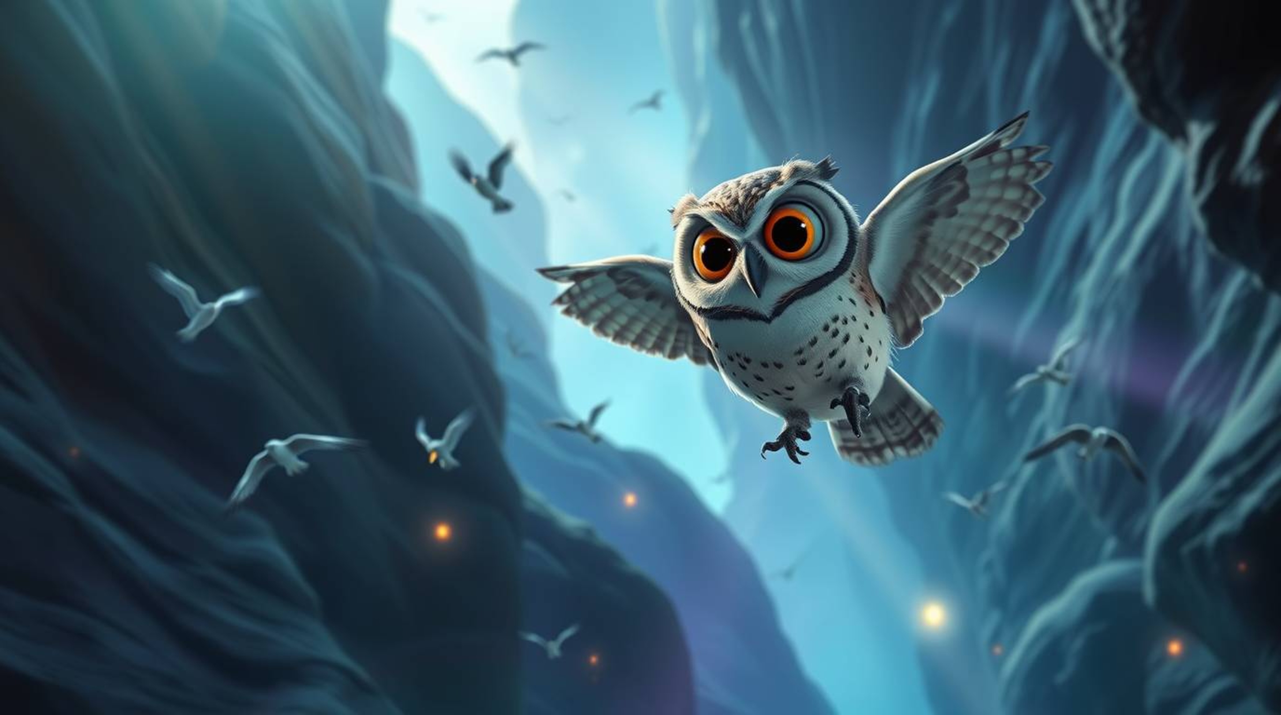 This joyful and ethereal long exposure shot features a blind owl, styled like a heartwarming Pixar character, as it guides va