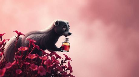 A whimsical and surreal scene depicting a cartoon skunk playfully spraying perfume on flowers. Rendered in captivating infrar