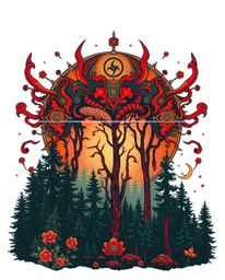 A unique digital art print showcasing a traditional tattoo style infused with a vibrant forest scene and a striking digital g