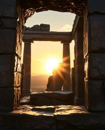 A cast bronze sculpture depicts sunset shadows moving through ancient stone ruins. The piece is bathed in a warm golden glow 