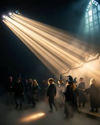Immerse yourself in a magical school bathed in volumetric lighting, where beams of light cut through dust and fog, creating a