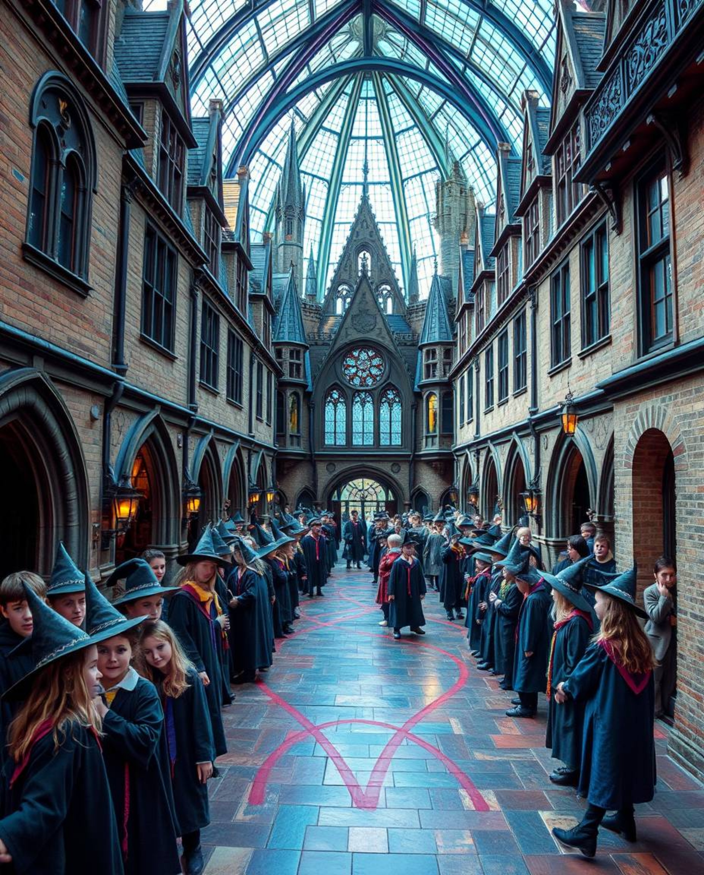 Explore a captivating architectural color photograph of a magical school teeming with young wizards, meticulously showcasing 