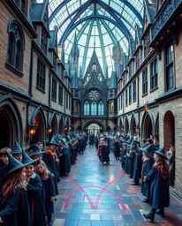 Explore a captivating architectural color photograph of a magical school teeming with young wizards, meticulously showcasing 