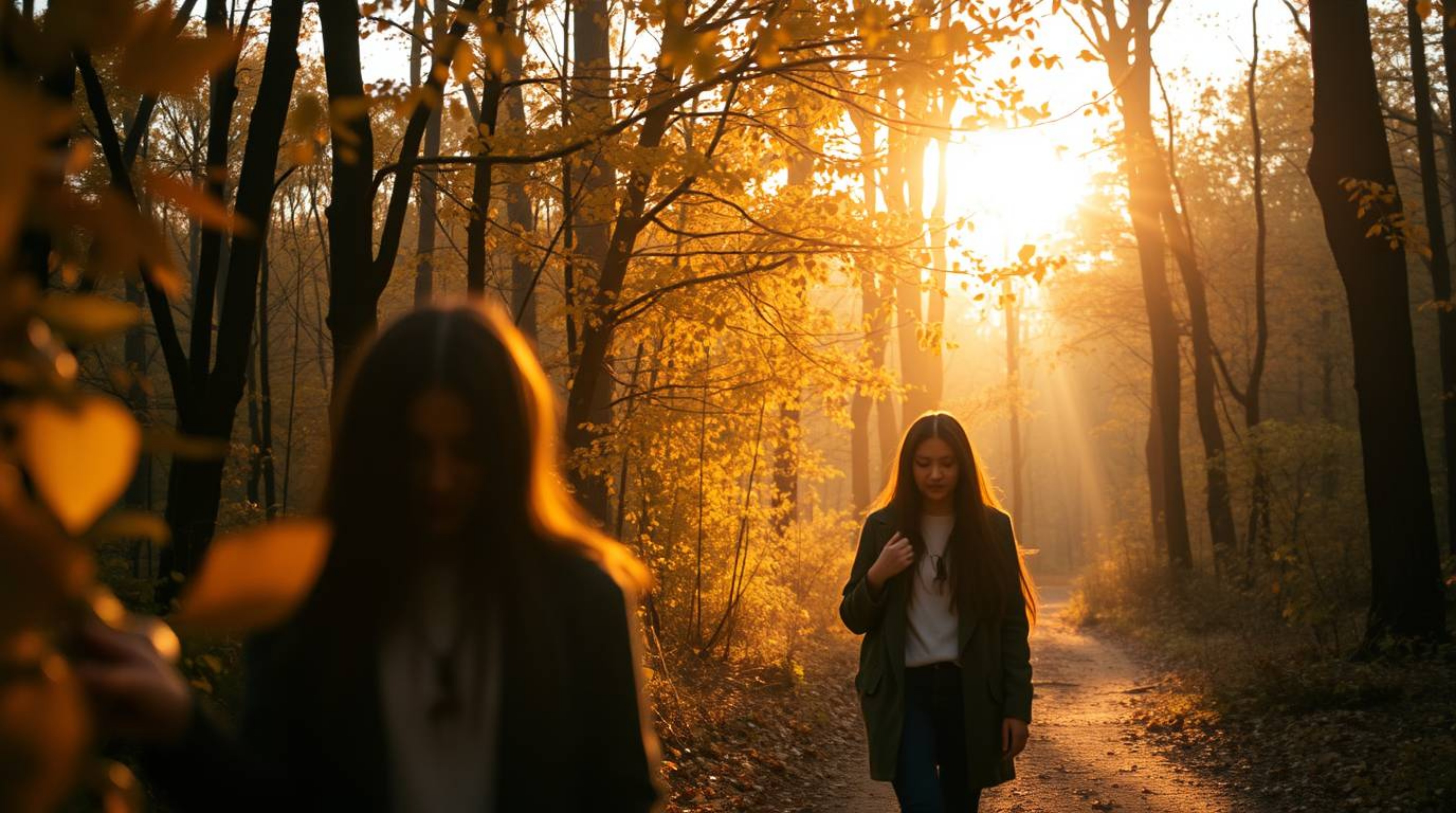 Capturing spontaneous moments in an autumn forest bathed in the golden light of sunset, this candid street photography style 