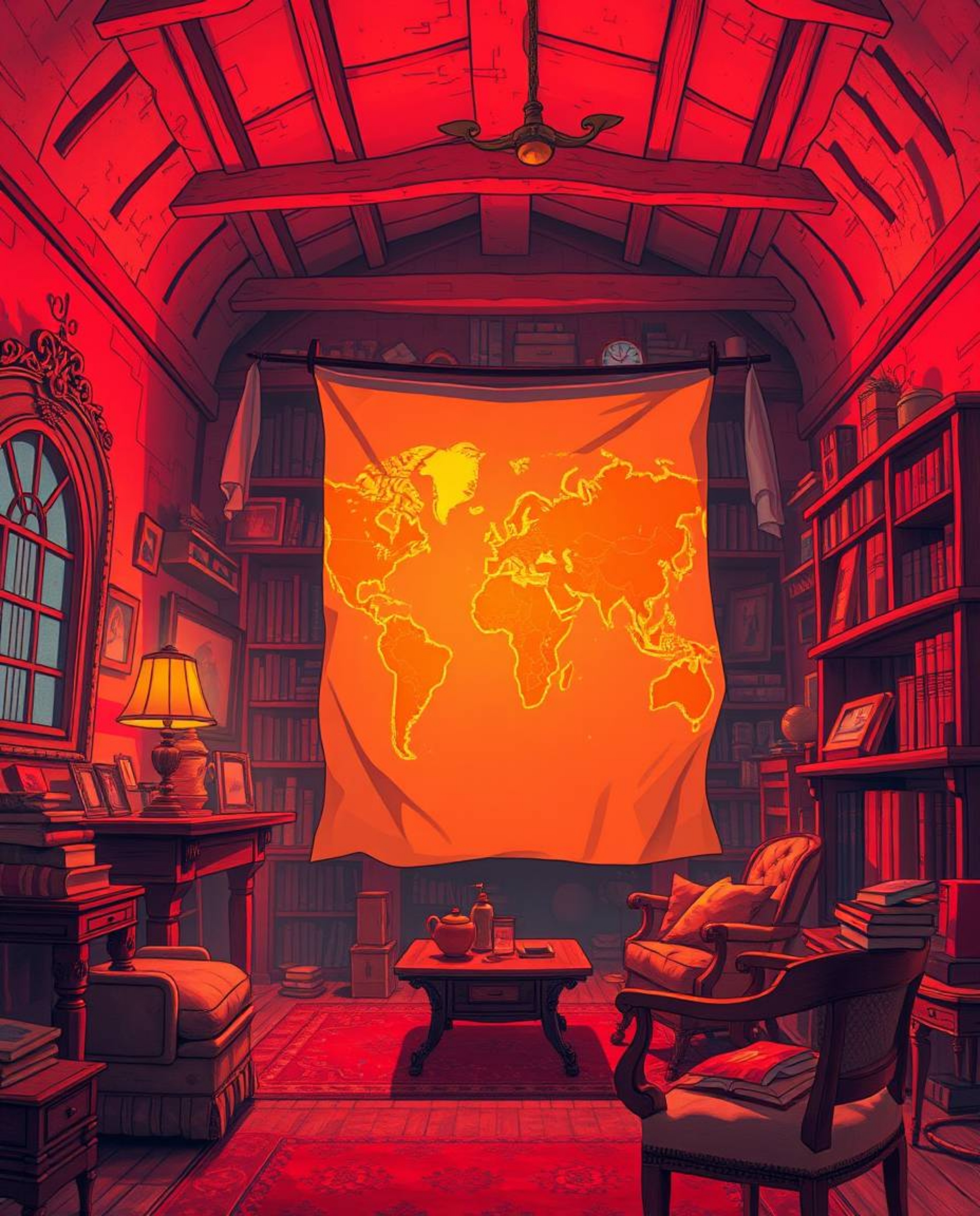 Immerse yourself in a warm-toned Isekai anime style depiction of a glowing map projection within an old study setting. This e