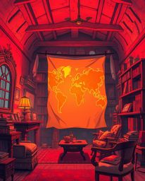 Immerse yourself in a warm-toned Isekai anime style depiction of a glowing map projection within an old study setting. This e