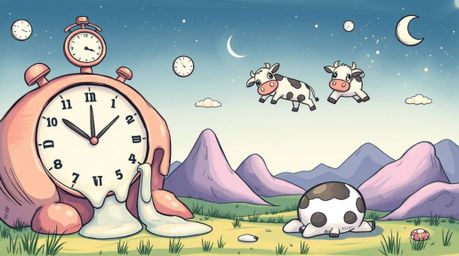 Discover a whimsical, hand-drawn surreal dreamscape featuring melting clocks and floating cows. This cheerful, color sketchno