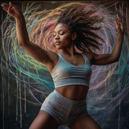 This chalk pastel portrait captures the dynamic movement of a dancer. The artwork features soft, blurred lines that emphasize