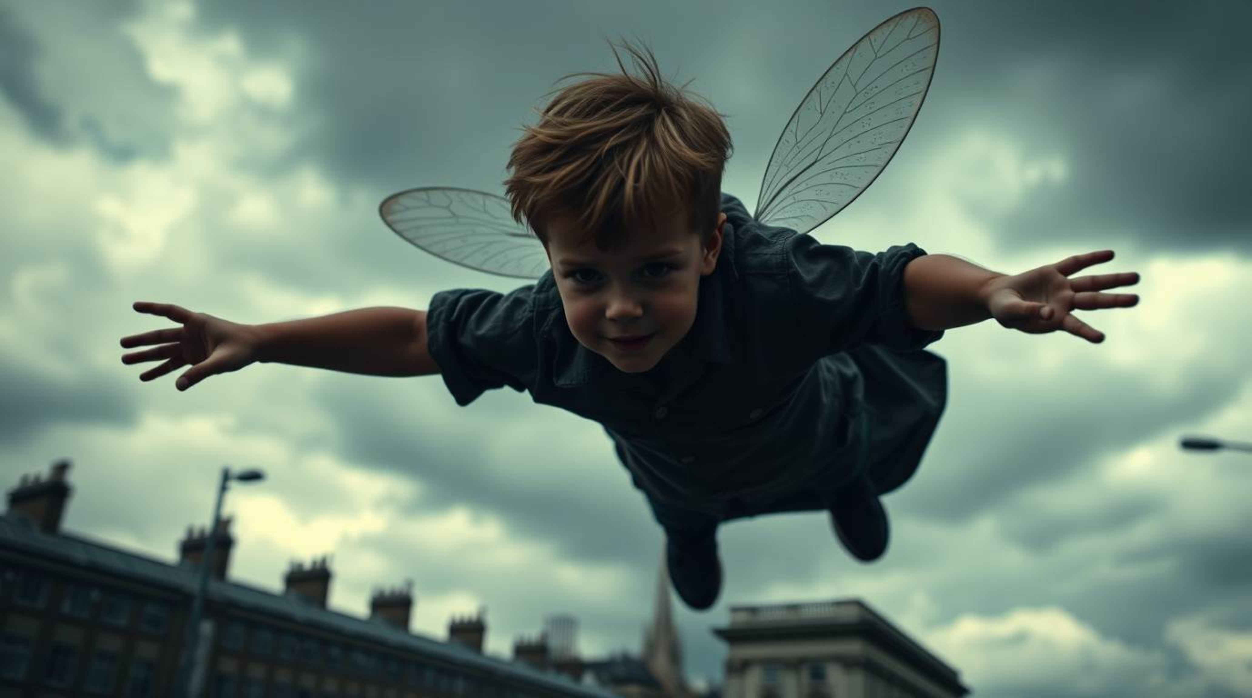 A captivating image depicting a young boy seemingly flying with pixie dust above the dramatic, stormy cityscape of London.  T