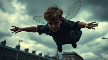 A captivating image depicting a young boy seemingly flying with pixie dust above the dramatic, stormy cityscape of London.  T